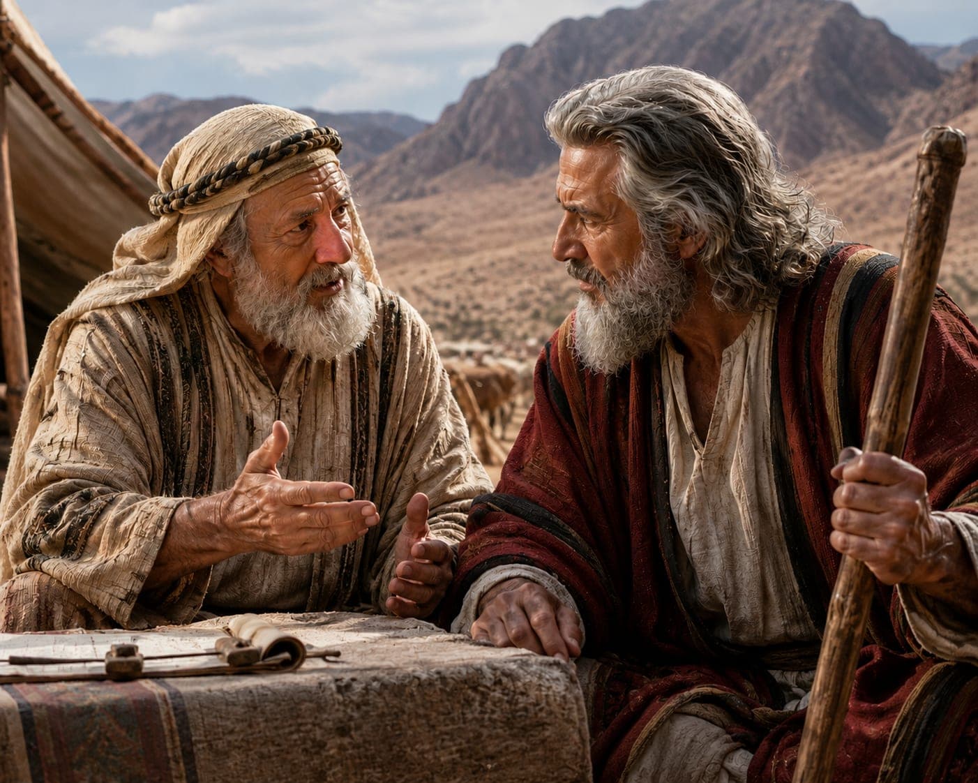 Jethro counseling Moses outside a tent in the wilderness